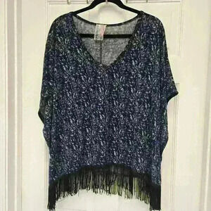 Mauve In Blue Tassel Blouse,Large Oversized
